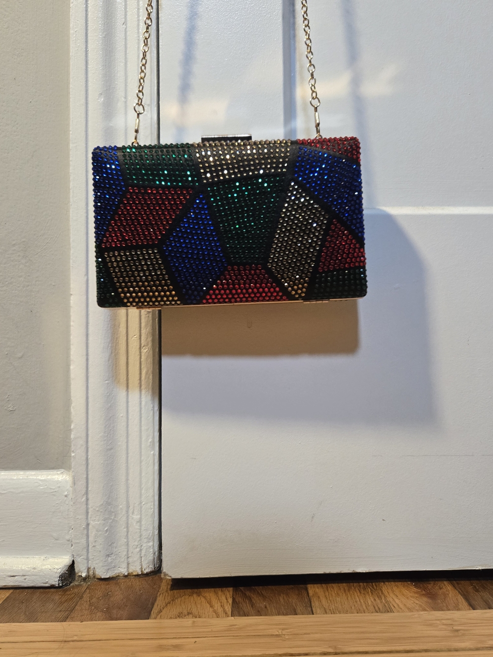 Multicolor Rhinestone Geometric Clutch with Gold Chain - Picture 5 of 8
